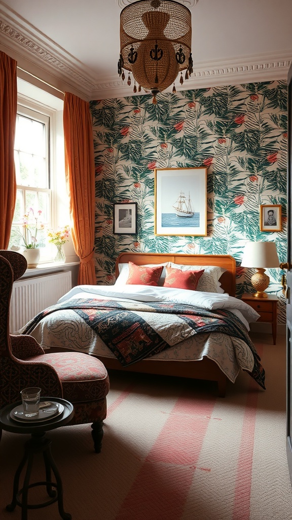 A stylish bedroom with bold patterned wallpaper, a cozy bed with a quilt, an elegant chandelier, and a patterned armchair.