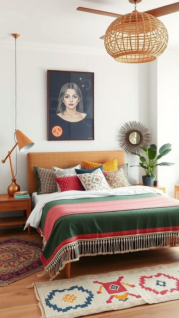 A cozy bedroom with cultural elements, featuring a patterned quilt, potted plants, and framed artwork.