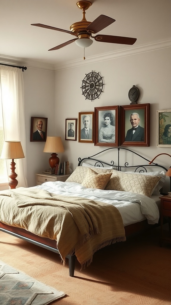 Cozy bedroom with family portraits on the wall, vintage lamps, and a warm blanket on the bed.