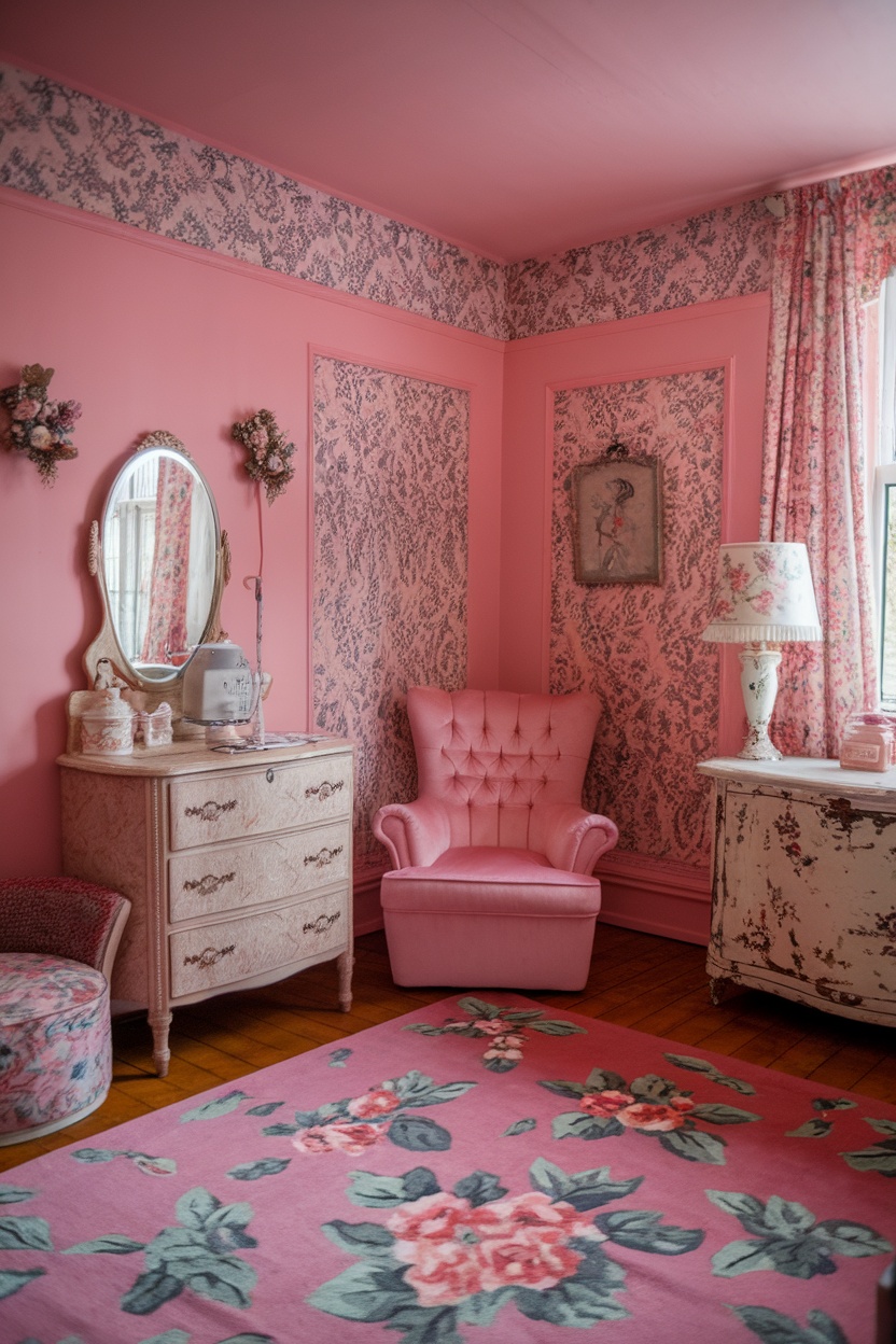 Cozy pink room featuring floral patterns on the walls and rug, with a plush pink chair and vintage dresser.