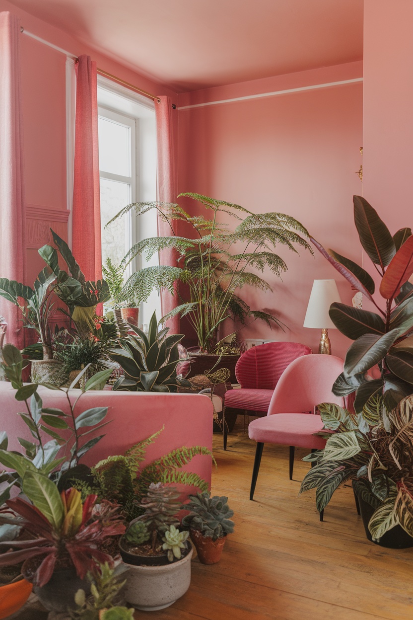 A cozy pink room filled with an assortment of lush green plants and stylish furniture.