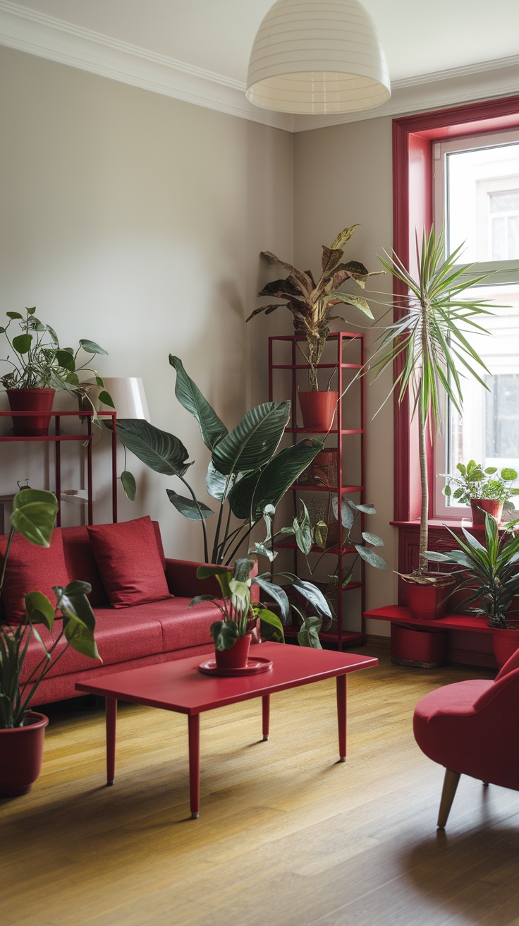 A living room featuring cherry red furniture and various houseplants, creating a vibrant and inviting atmosphere.