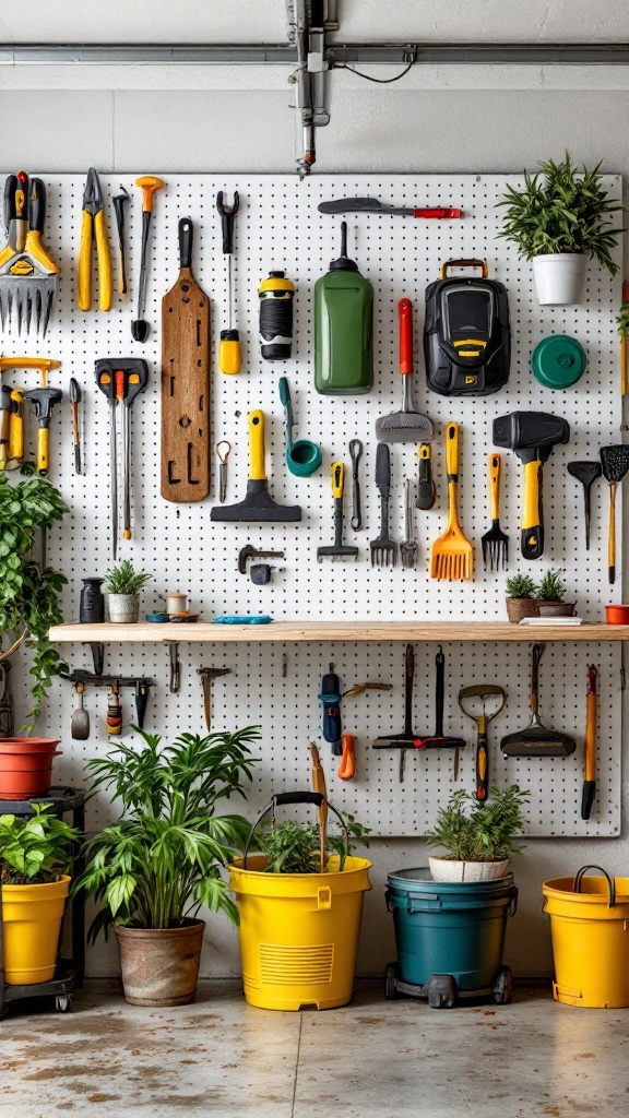 Organized garage pegboard with tools and plants.