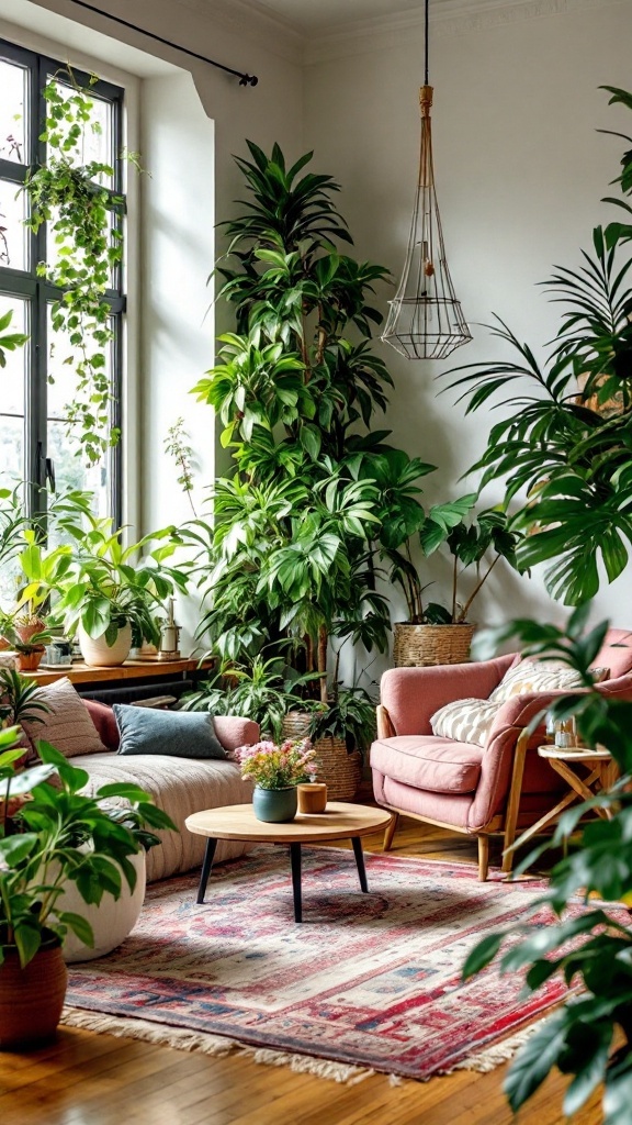 A vibrant maximalist living room filled with various plants, showcasing a cozy seating area and a warm atmosphere.