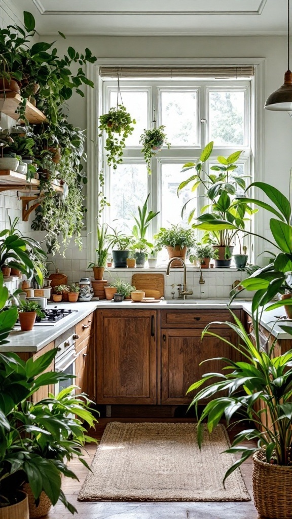 A cozy kitchen filled with various plants, showcasing a vibrant and lively atmosphere created by maximalist decor.