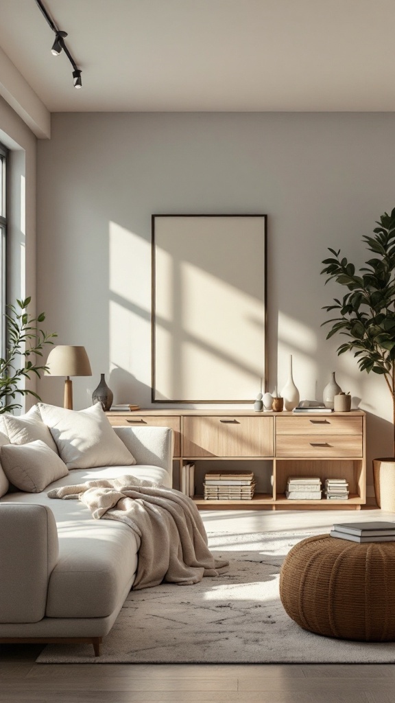 A stylish living area with a neutral sofa, a wooden sideboard, and a cozy pouf, showcasing space-saving furniture.