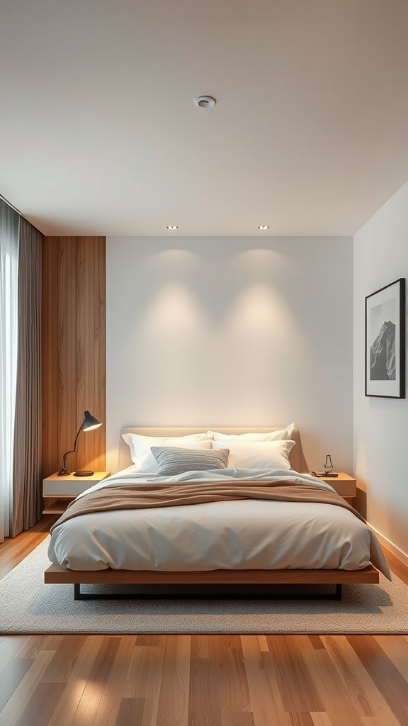 A modern bedroom featuring a comfortable bed, wooden accents, and soft lighting.