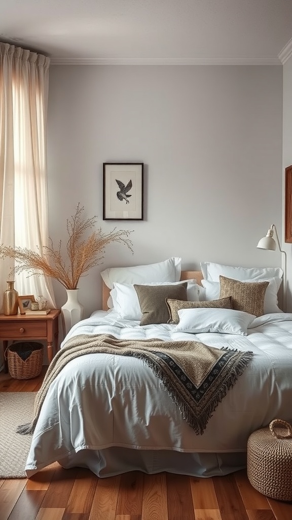 A cozy bedroom with a layered bed, combining different textures like pillows and throws, wooden furniture, and natural decor elements.