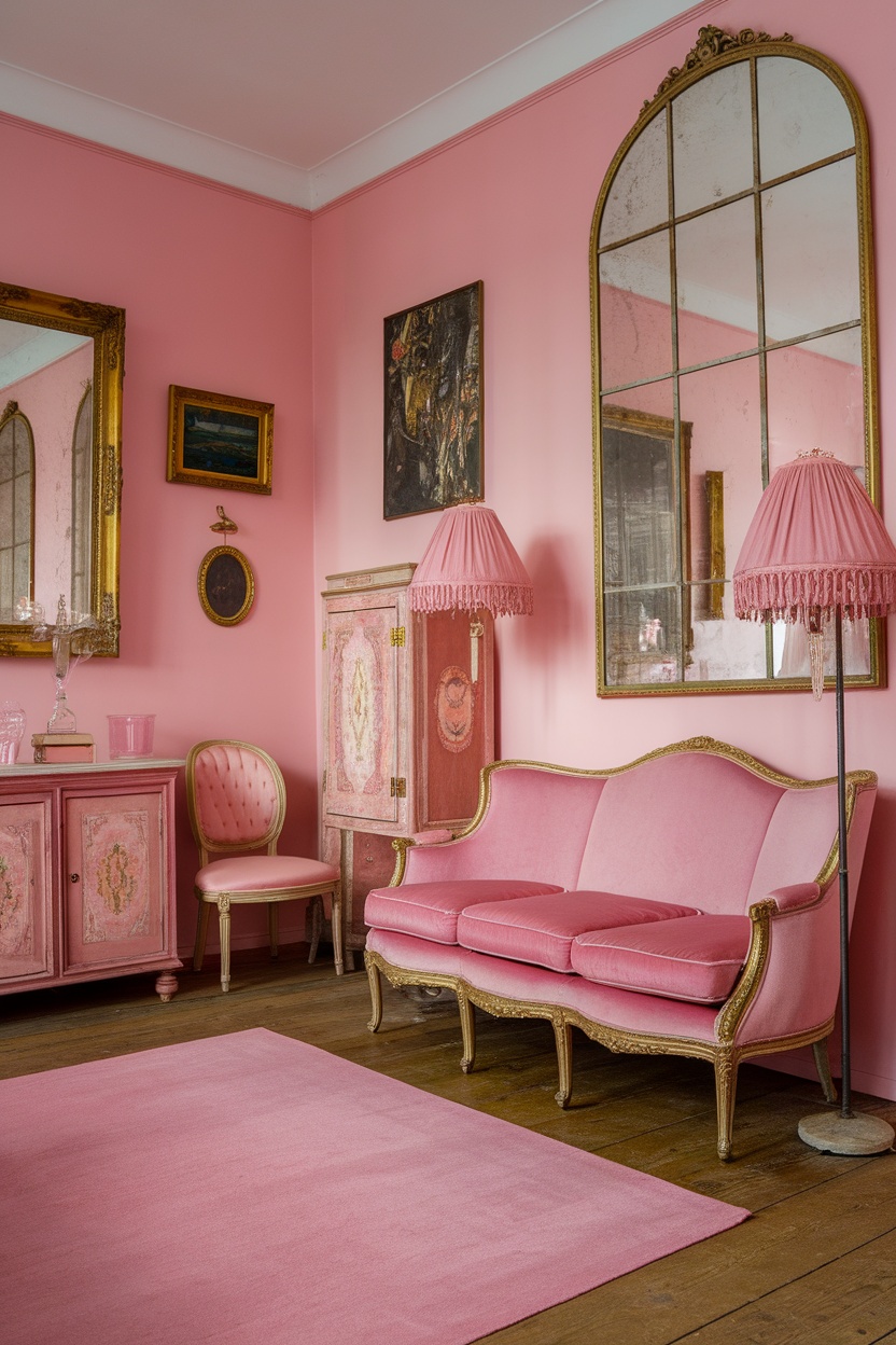 A cozy pink room featuring vintage furnishings, including a pink loveseat, accent chairs, and vintage lamps against pink walls.