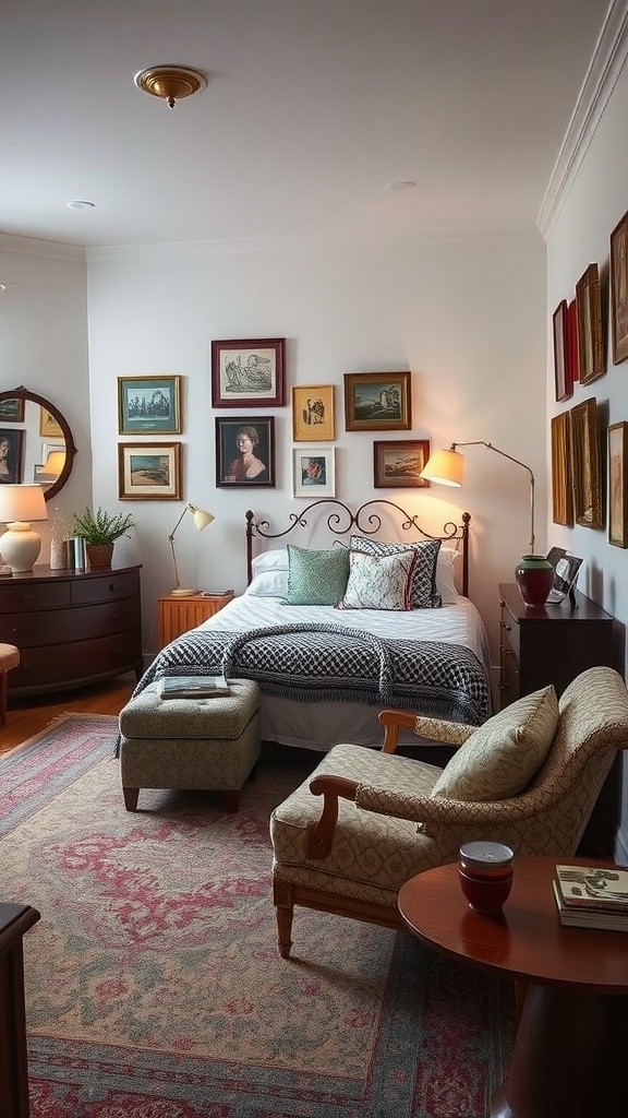 A cozy bedroom featuring vintage decor, including framed artwork on the walls and classic furniture.