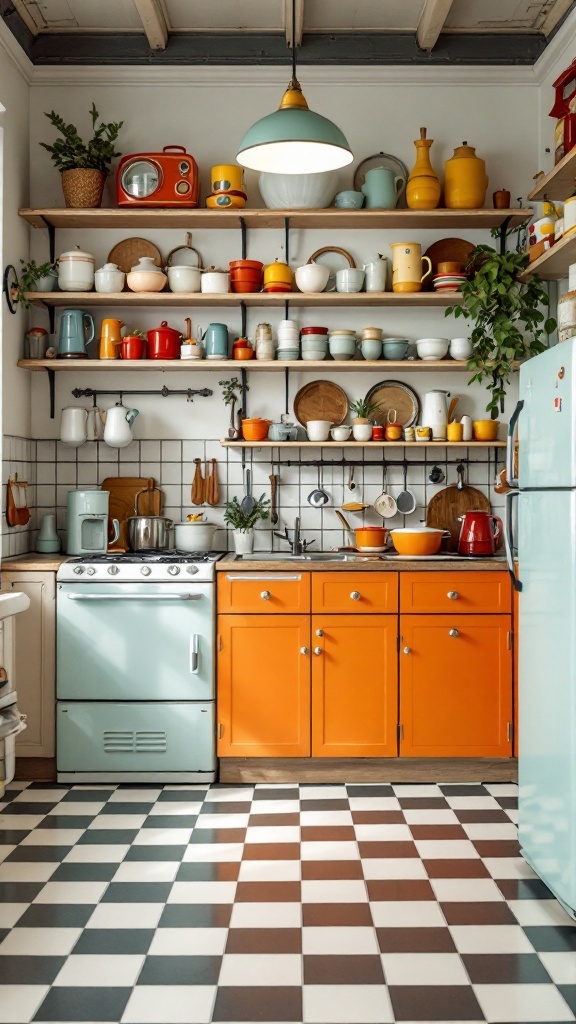 A vibrant kitchen featuring vintage decor with colorful cabinets and open shelving filled with dishware.
