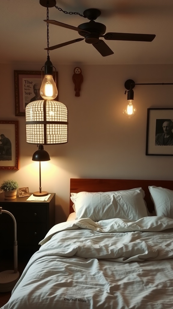 A cozy bedroom featuring vintage lighting fixtures, a neatly made bed, and dark wooden furniture.