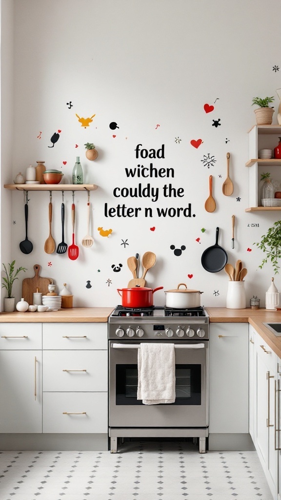 A colorful kitchen featuring whimsical wall art and vibrant cookware.