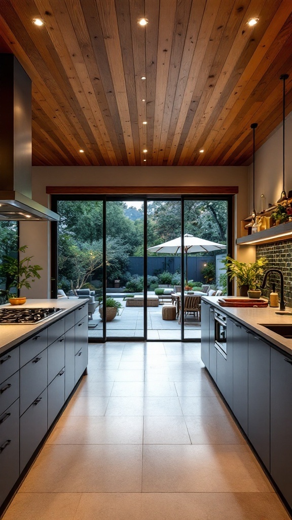 A modern kitchen with large glass doors opening to an outdoor patio, featuring wooden ceiling and sleek cabinetry.