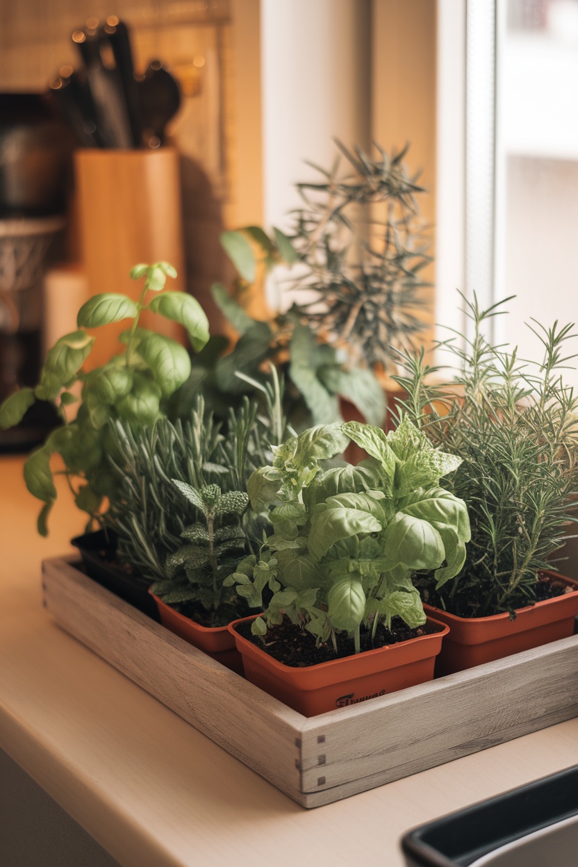 A vibrant indoor herb garden with basil, rosemary, and mint in small pots on a wooden tray.