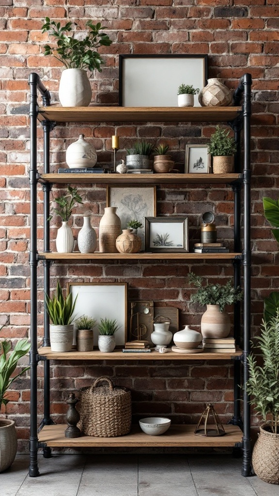 Industrial pipe shelving filled with decorative items and plants against a brick wall