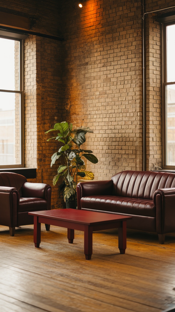 An industrial-style living room featuring dark cherry red leather sofas, a matching coffee table, and a potted plant against a brick wall.