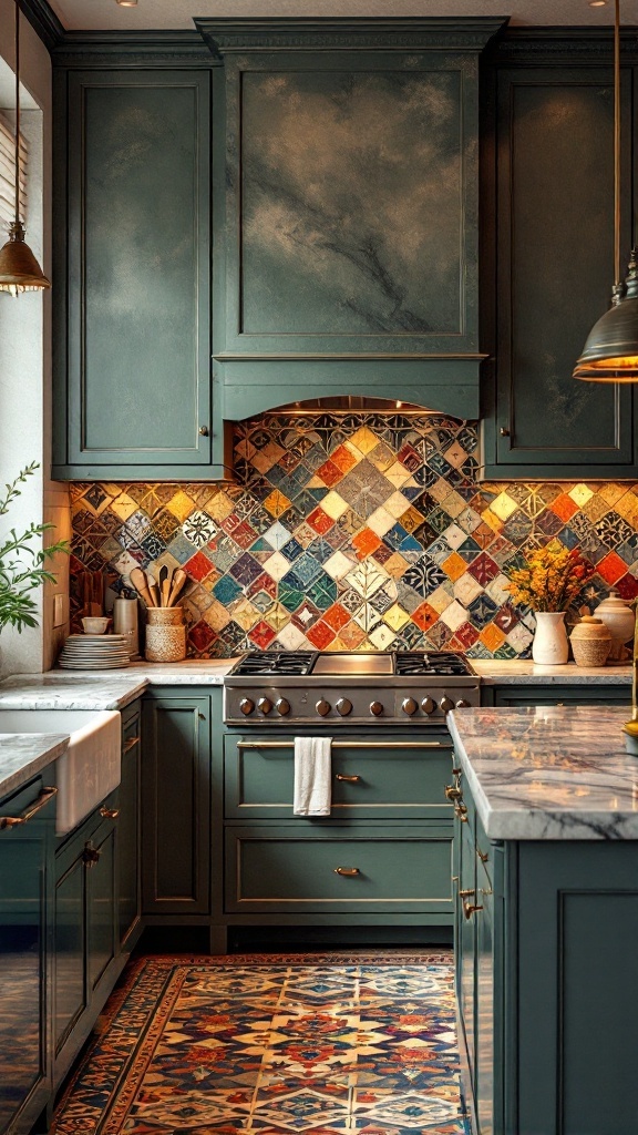 A colorful tiled backsplash in a kitchen with teal cabinets and marble countertops.