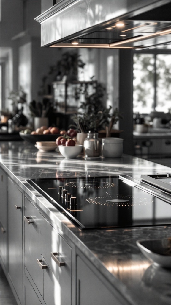 A modern kitchen featuring a sleek, integrated black cooktop in a marble countertop.