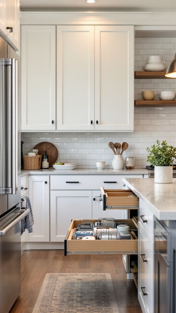 A modern kitchen featuring white cabinets, open shelves, and organized drawers