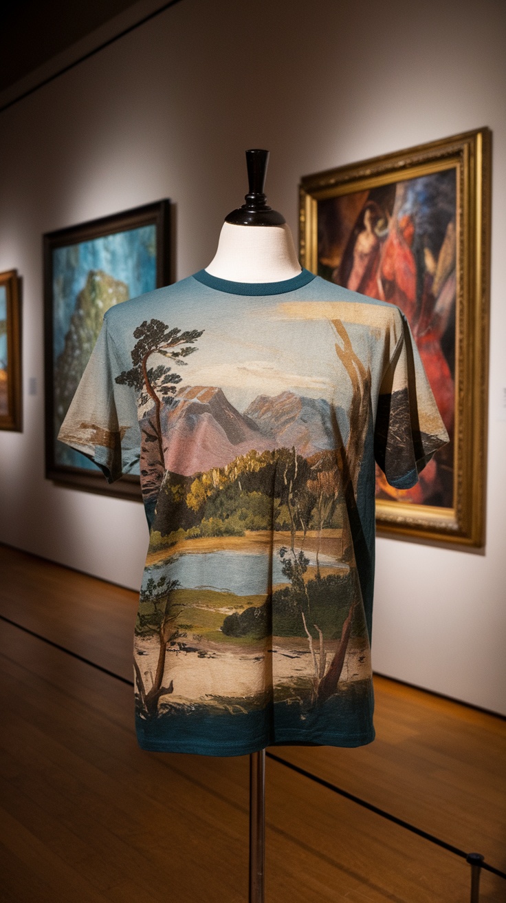 A nature-themed T-shirt displayed in an art gallery, featuring a scenic landscape painting.