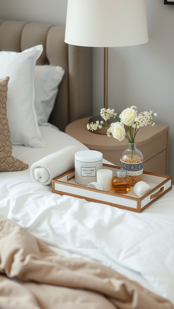 A decorative tray on a bed featuring a candle, a small jar, and fresh flowers.