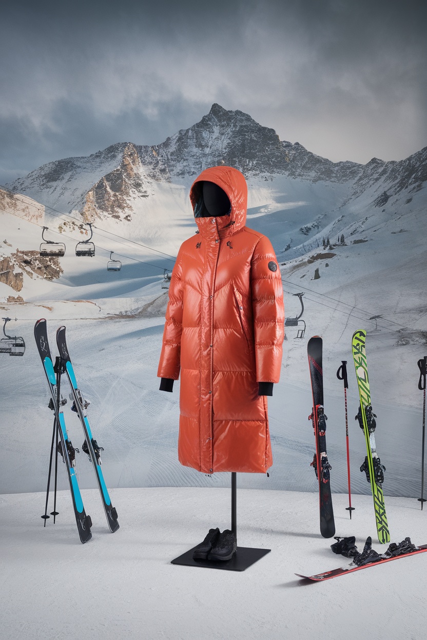 Orange insulated puffer jacket on display in a snowy mountain setting with ski equipment