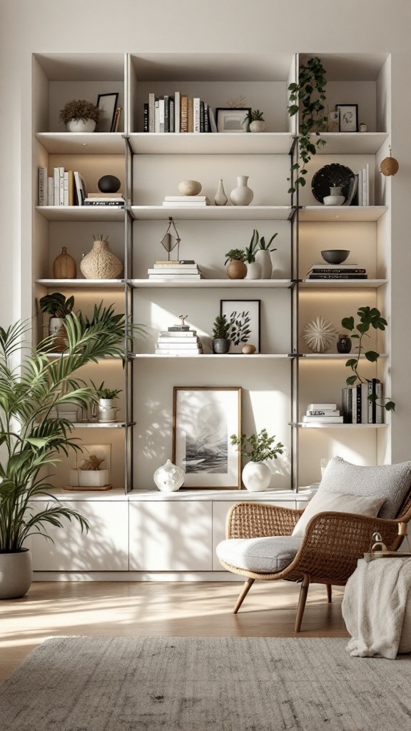 A modern niche shelving unit in a cozy living space, showcasing books, plants, and decorative items.