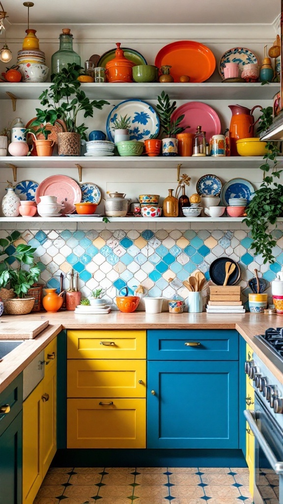 A vibrant kitchen with open shelving displaying colorful dishes, plants, and decorative items.