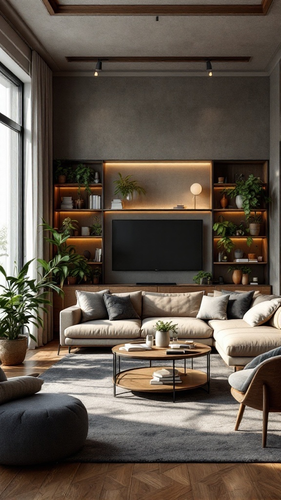 A cozy maximalist living room featuring a beige sofa, coffee table, and plant decorations.