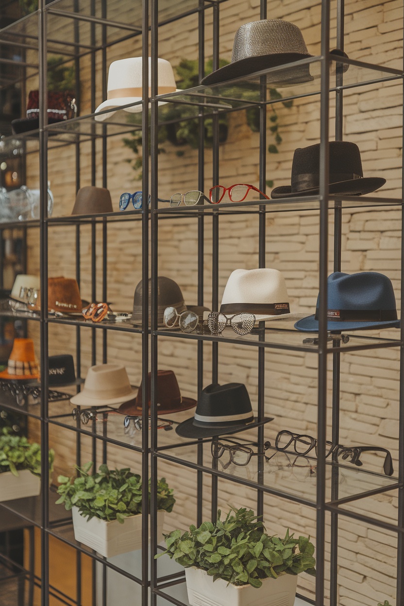 Display of various hats and glasses on shelves.