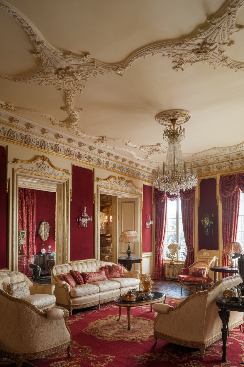 A luxurious living room featuring intricate moldings and cornices on the ceiling, rich red walls, and elegant furniture.