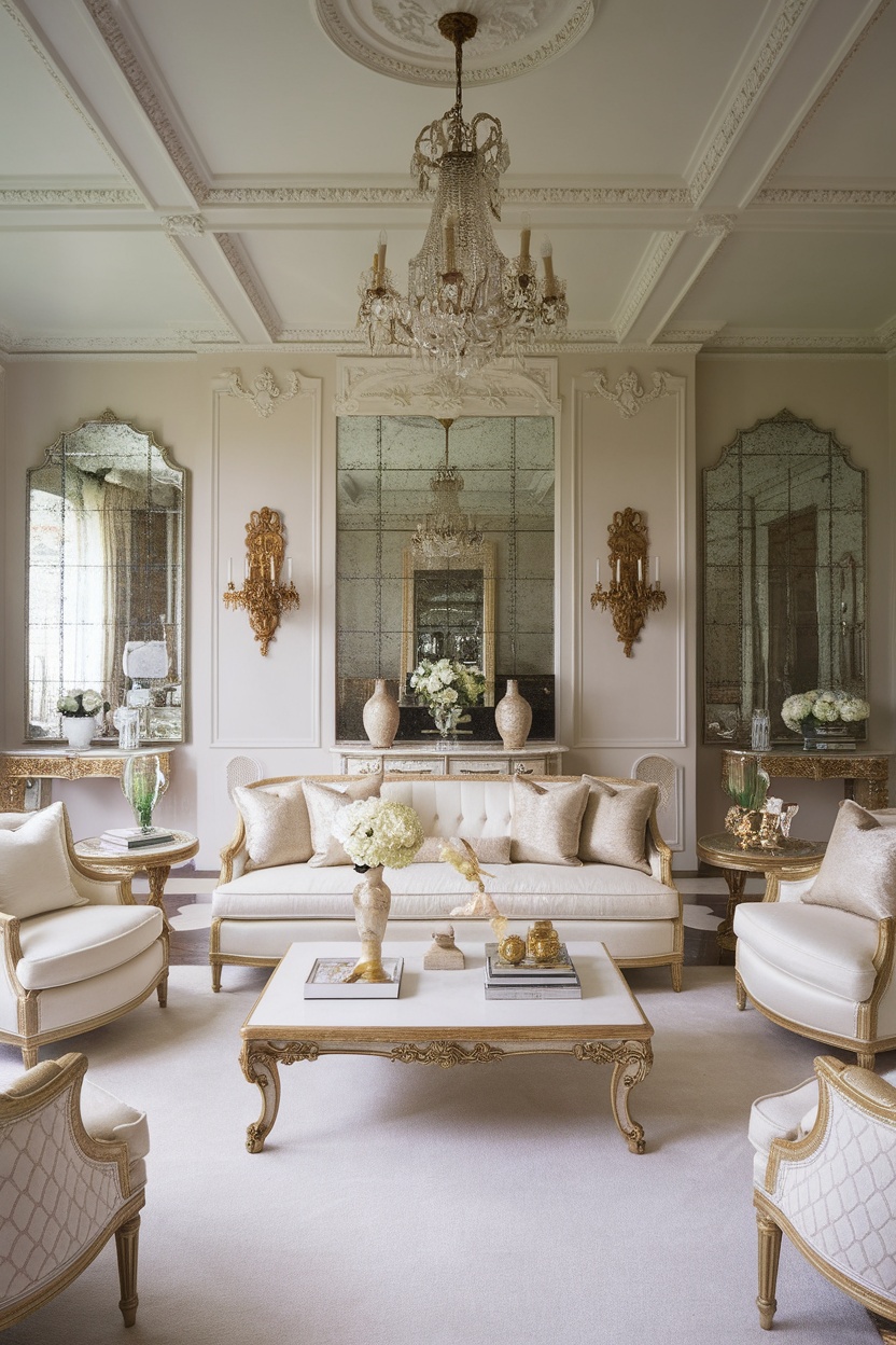 A beautifully decorated living room featuring Rococo Revival style elements, including intricate wall sconces.