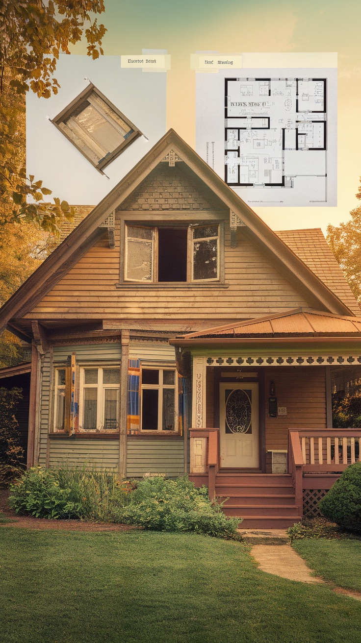 A run-down house with renovation plans taped to its exterior, showcasing potential for property flipping.