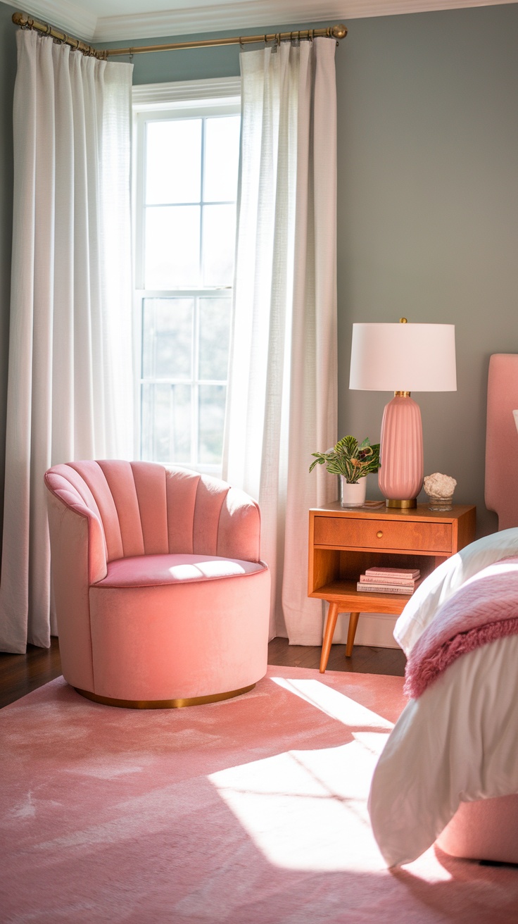 A cozy pink-themed bedroom featuring a plush chair, bedside table, and soft light filtering through curtains.