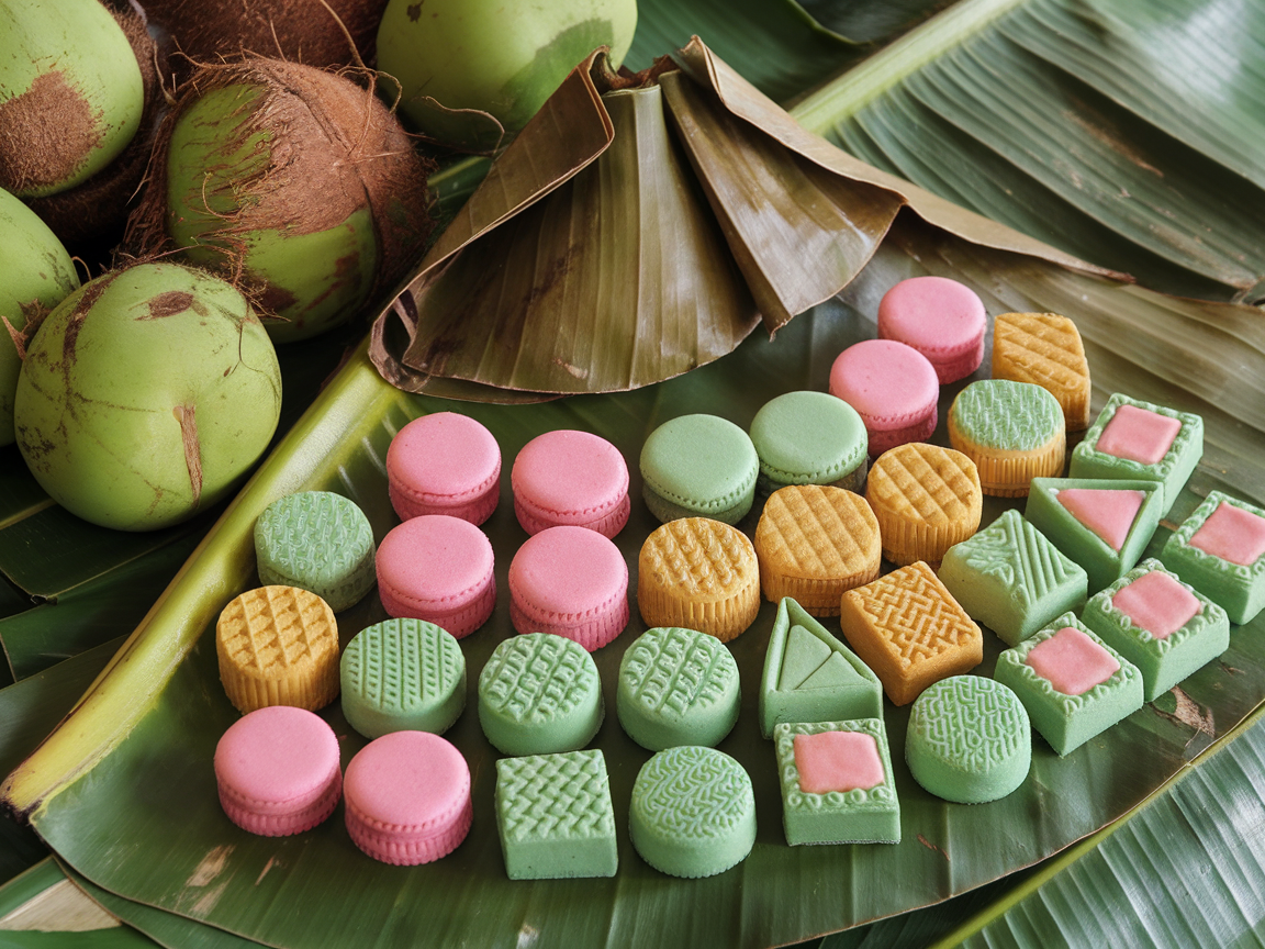 A variety of colorful Filipino rice cakes arranged on banana leaves.