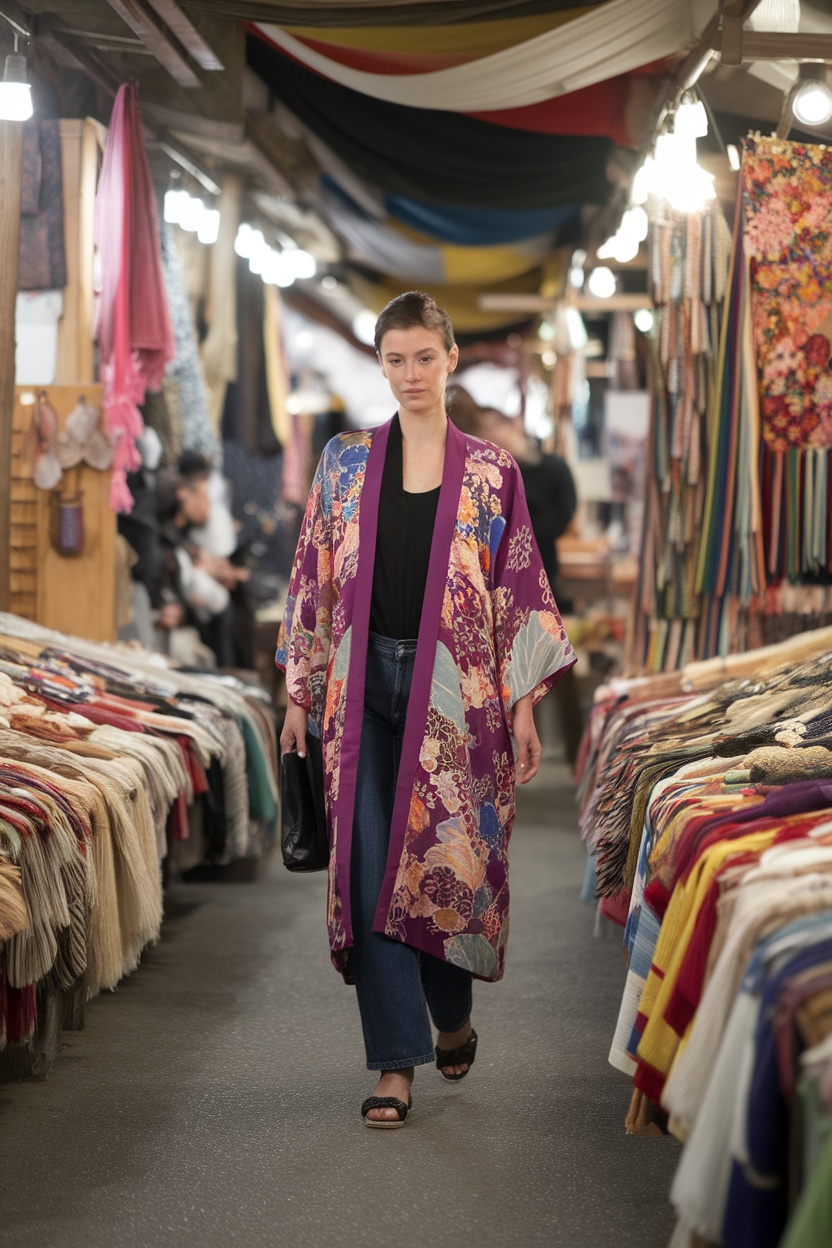 A model wearing a colorful kimono walking through a market filled with fabrics and textiles.