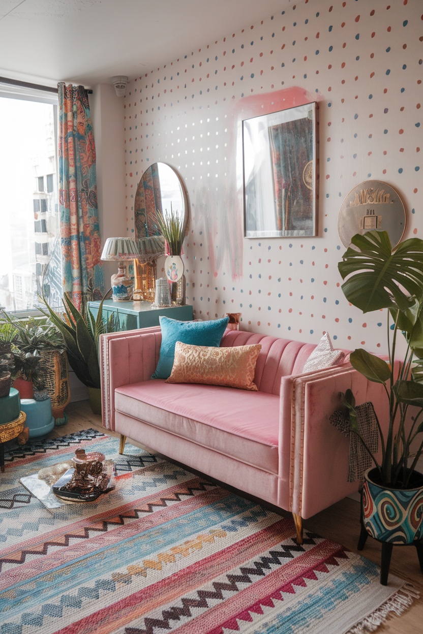 A cozy corner of an eclectic maximalist apartment featuring a pink velvet sofa, colorful pillows, plants, and patterned walls.