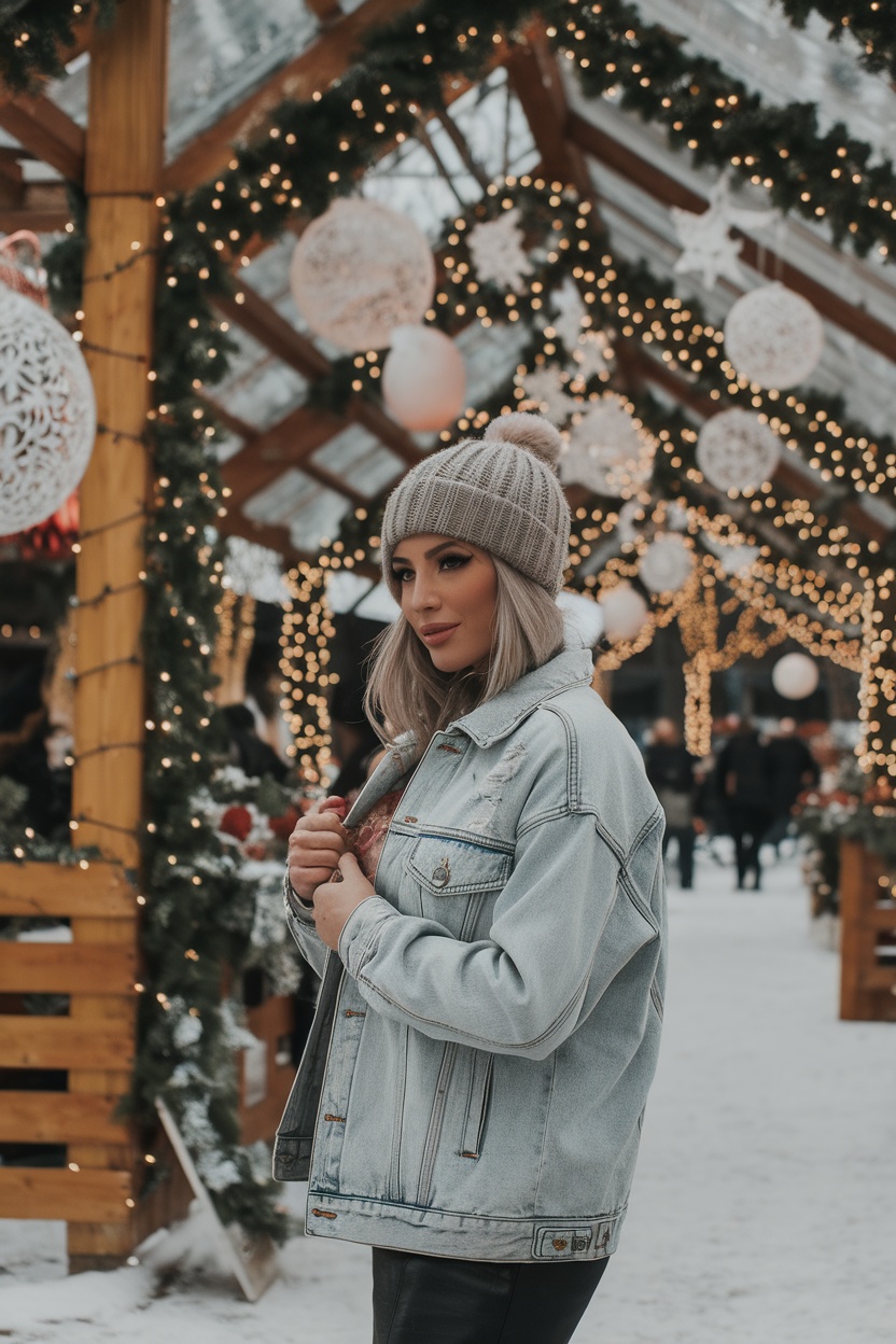 Woman wearing a knitted beanie and denim jacket in a festive setting