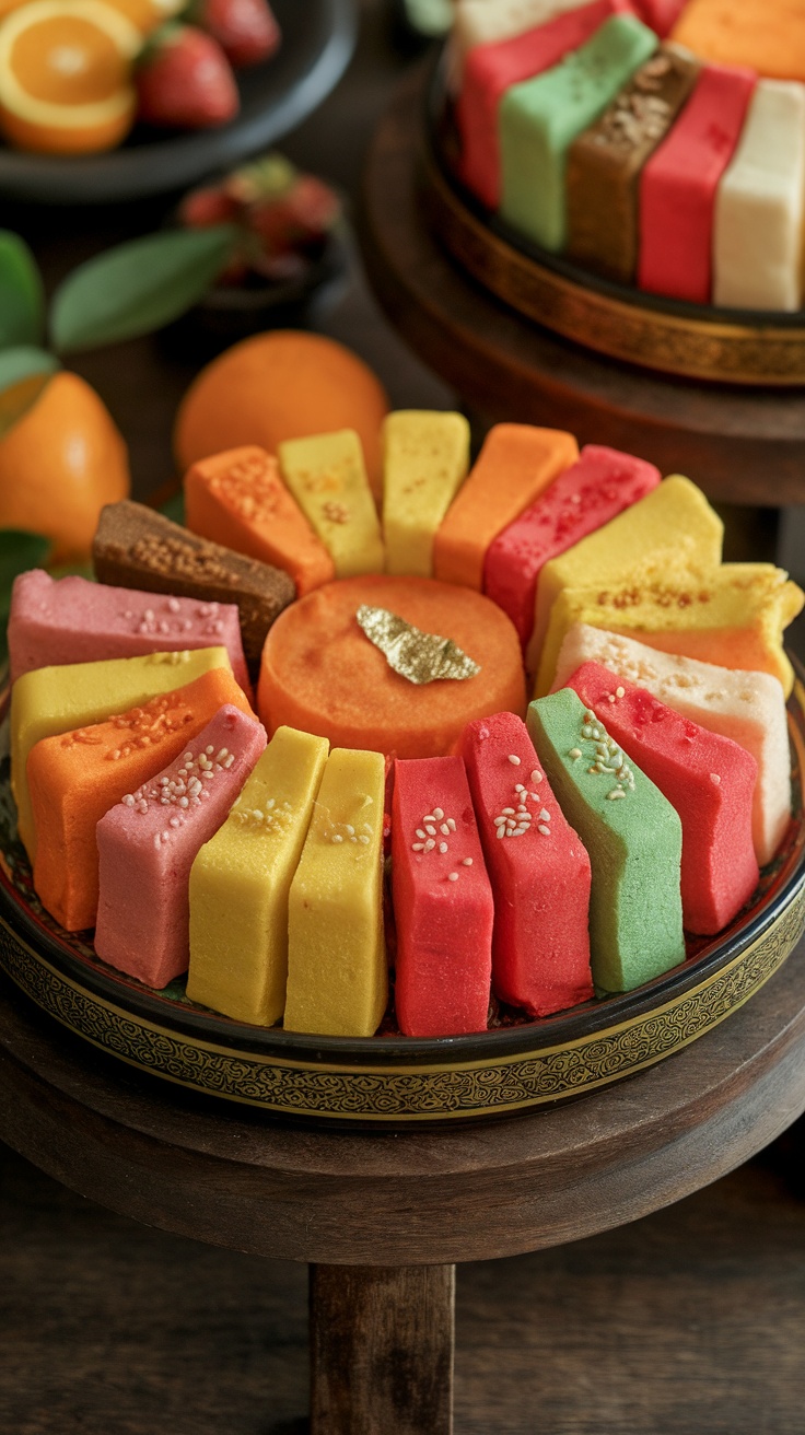 Colorful Korean Sweet Rice Cake slices arranged beautifully on a platter.