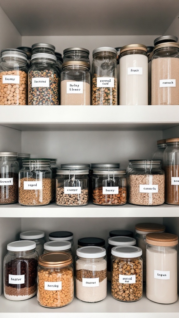 Organized pantry with labeled jars for easy identification of contents