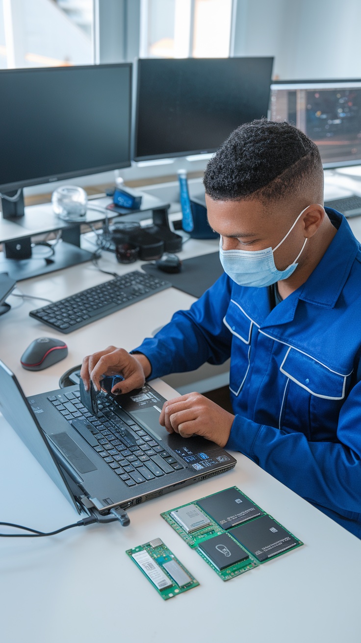 A technician repairing a laptop, with components displayed on a table