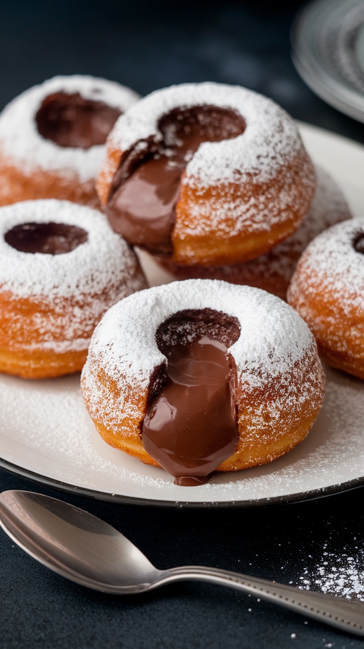 Delicious lava cake donuts with a molten chocolate center and powdered sugar topping.