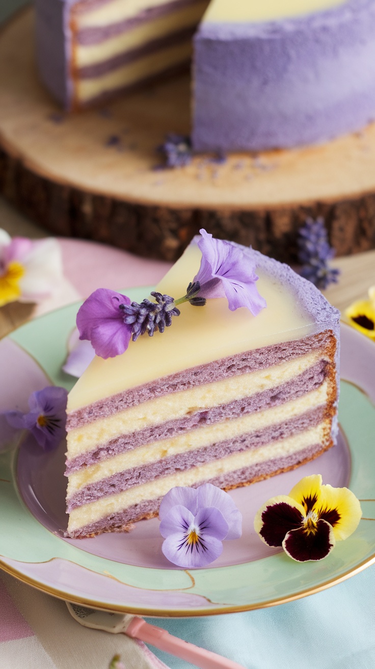 A slice of lavender lemonade cake with floral decorations.