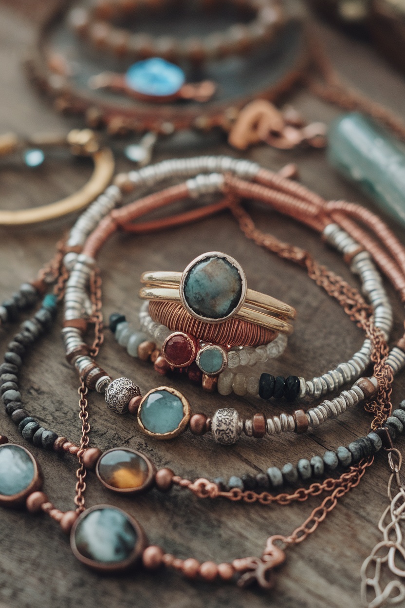 A collection of layered bohemian jewelry including rings, necklaces, and bracelets on a wooden surface.