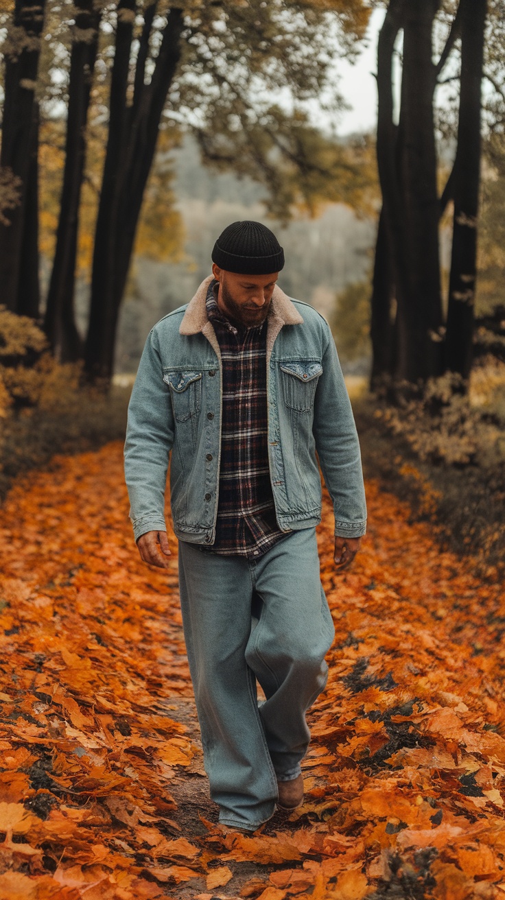 A man walking on a path covered in orange leaves, wearing a denim jacket over a flannel shirt and baggy jeans.