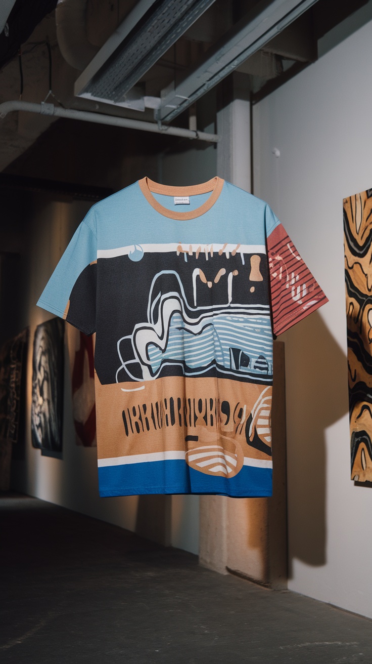 A trendy streetwear t-shirt featuring layered graphics in blue, brown, and red hues, hanging in a modern space.