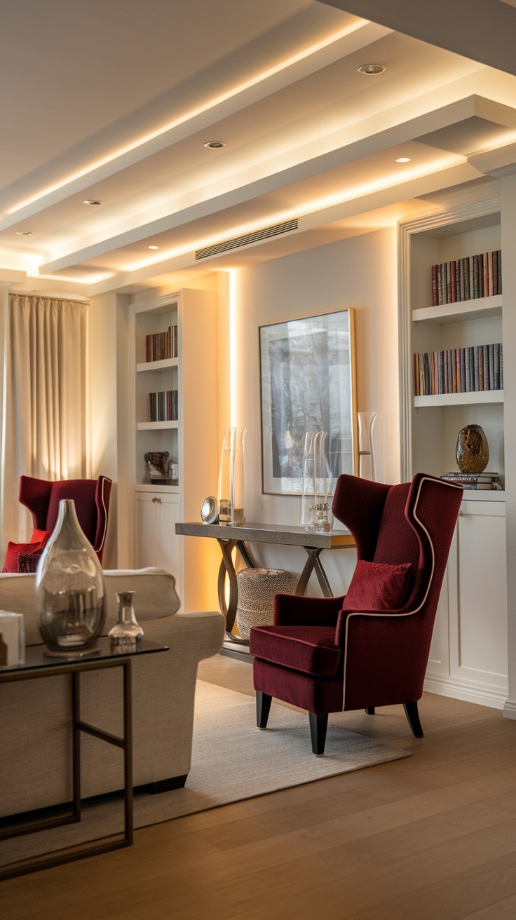 A stylish living room with dark cherry red chairs, layered lighting, and elegant decor.