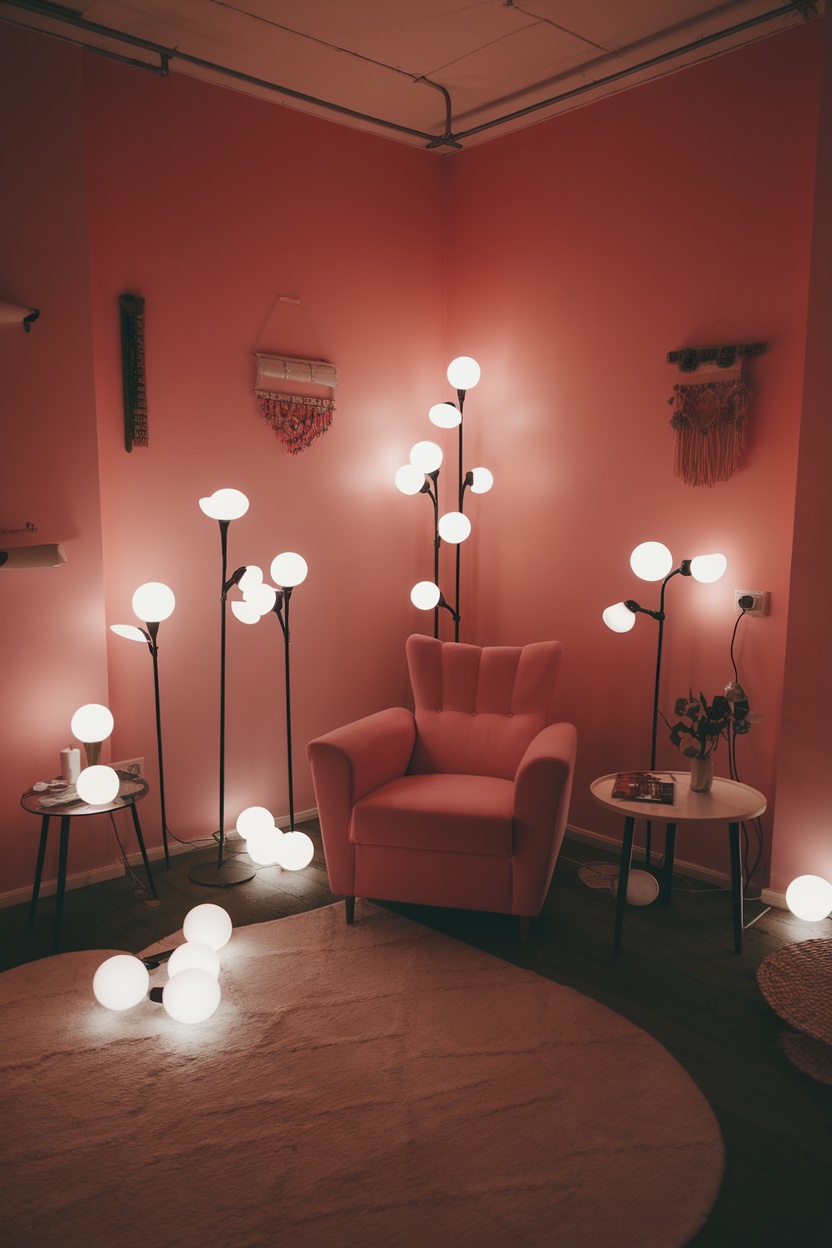 A cozy pink room with layered lighting options, featuring a plush pink armchair and multiple floor lamps with glowing round bulbs.