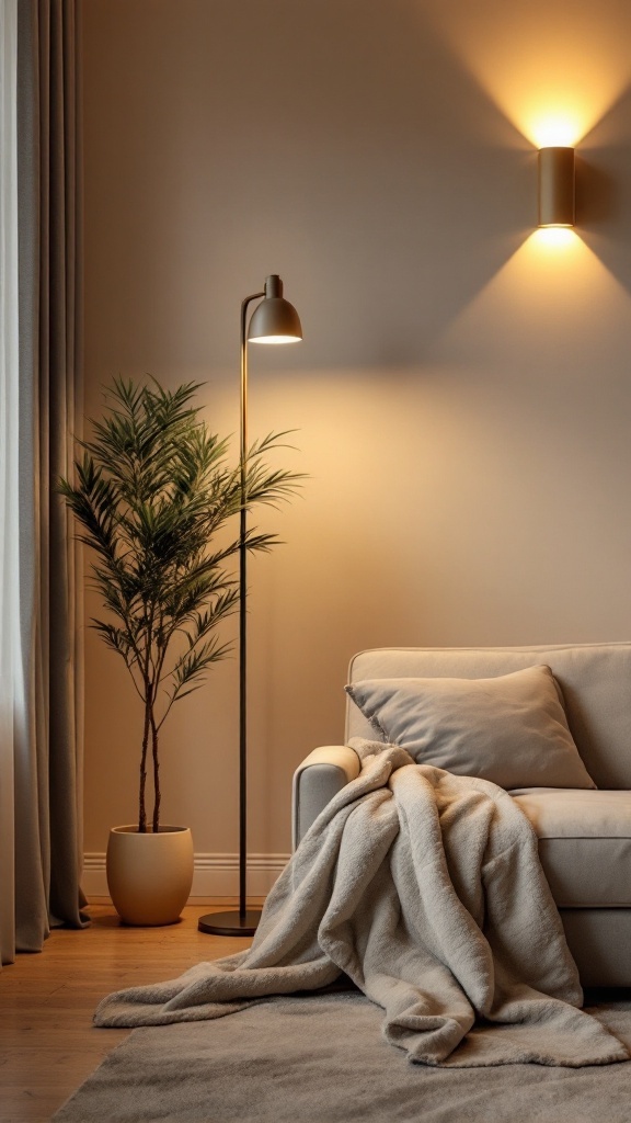 A cozy living room with layered lighting, featuring a floor lamp and wall sconces, alongside a comfy sofa and plant.